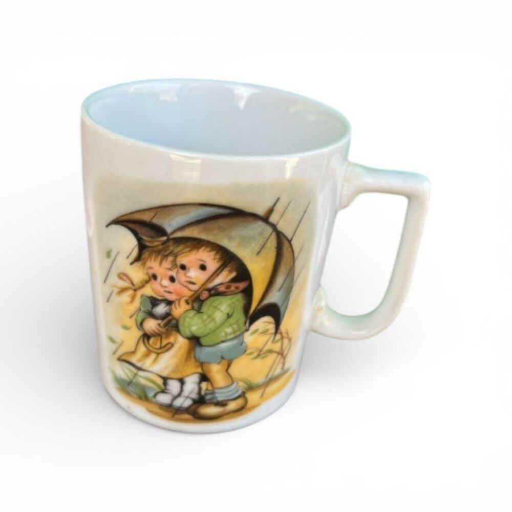 Antique Hummel Style Children Under Umbrella Coffee Mug Cup